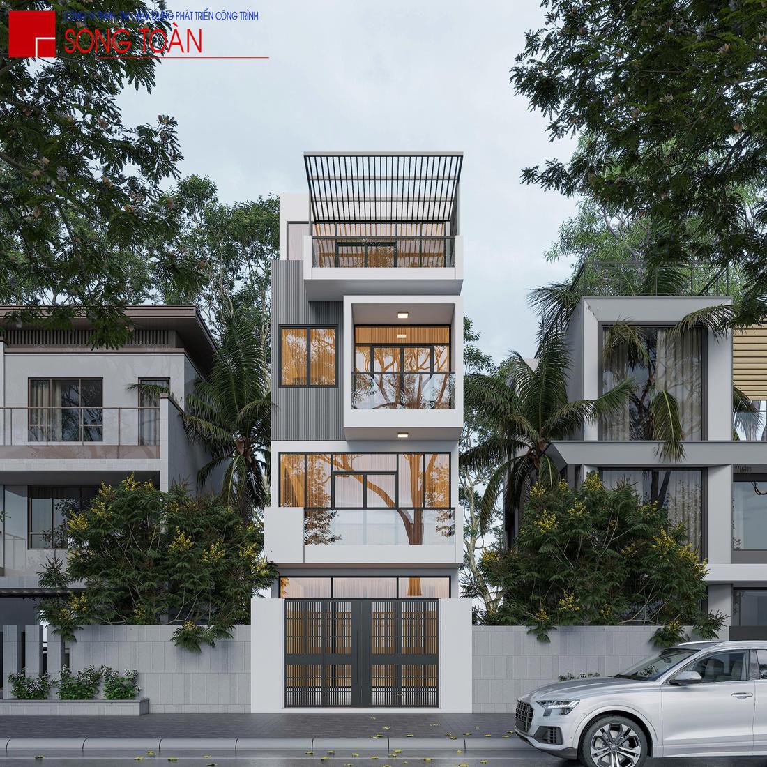 Mặt tiền nhà phố có lam gỗ và cây xanh