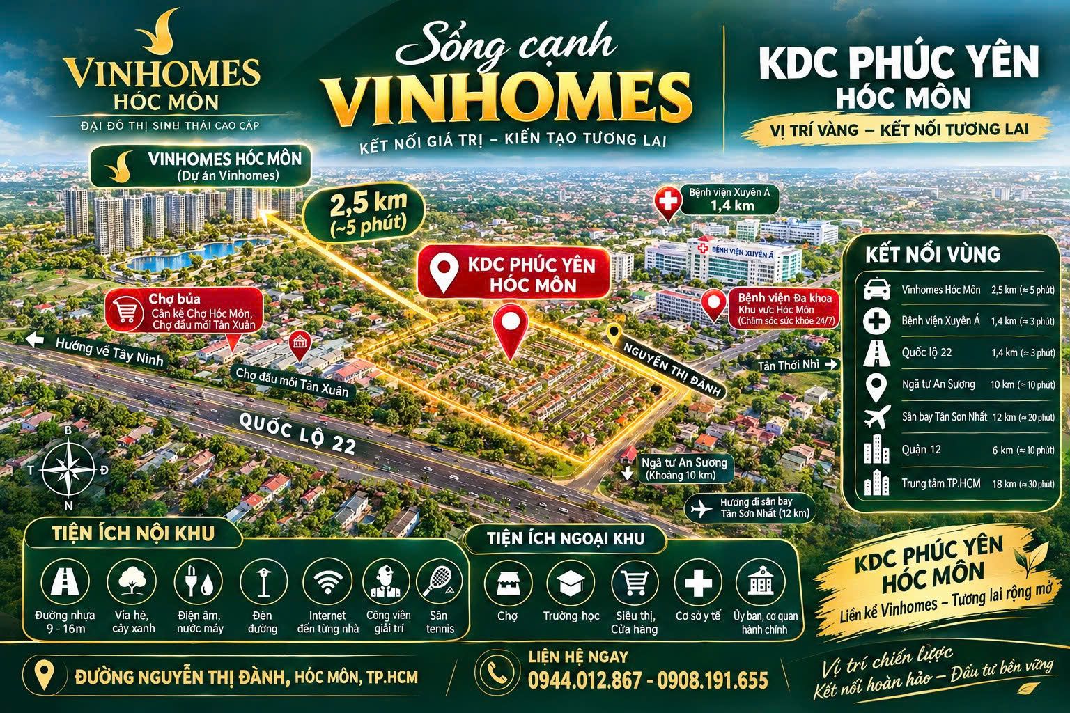 Bản đồ liên kết vùng của KDC Phúc Yên: Vinhomes Hóc Môn, bệnh viện Xuyên Á, chợ đầu mối Tân Xuân, Quốc lộ 22